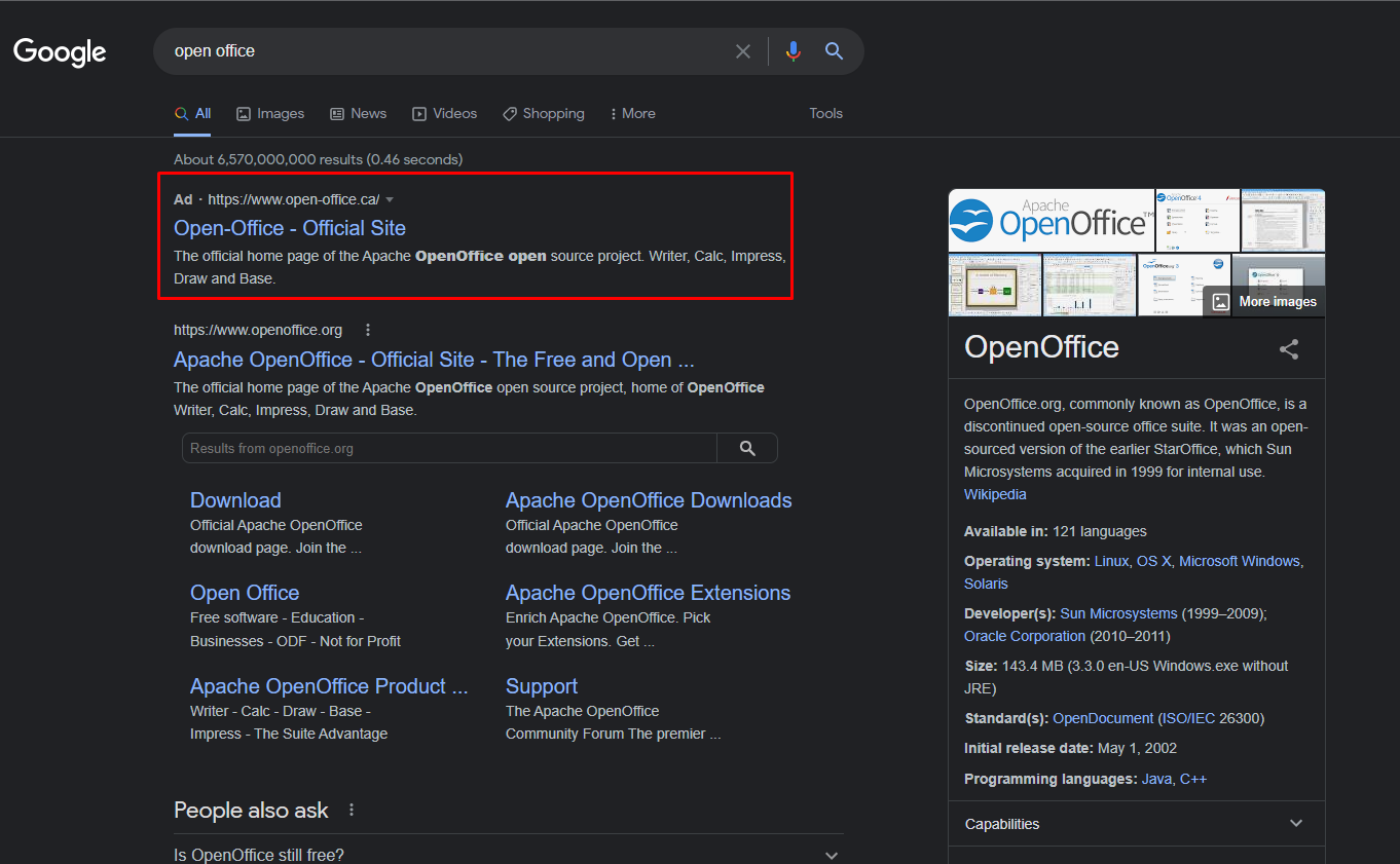 Figure 5- ‘OpenOffice’ Google search yields an actors malicious website