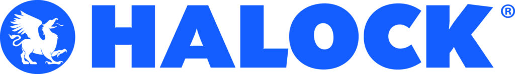 Blue HALOCK logo in bold capital letters with a white griffin inside a blue circle on the left; registered trademark symbol on the upper right.