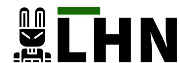 Logo with a stylized black rabbit head on the left and large black letters "LHN," with a green bar above the "L.