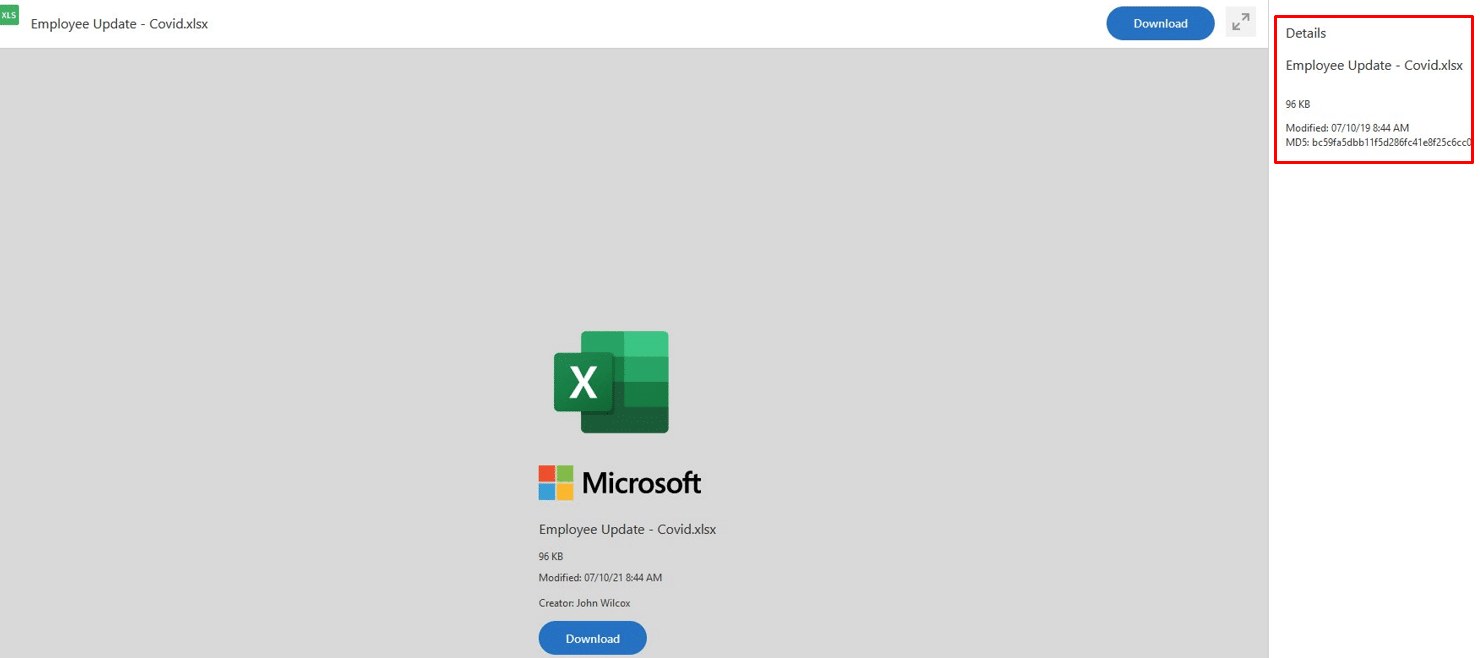 Page with mismatched MD5 in the details pane