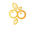 A simple golden-yellow graphic of two circular fruits with three leaves on a white background.