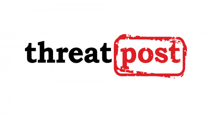 The image displays the "threatpost" logo with "threat" in black text and "post" in red, enclosed in a rough, red rectangular outline.