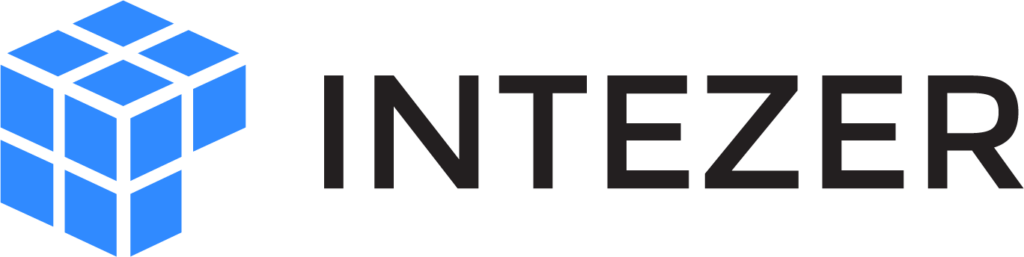 Blue geometric cube logo to the left of the word "INTEZER" in bold black capital letters on a white background.