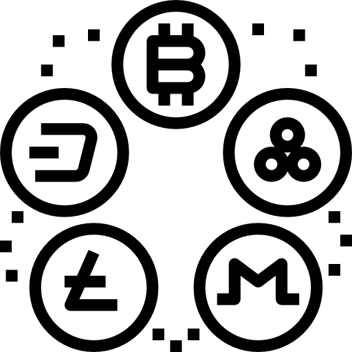 Five black outlined cryptocurrency symbols, including Bitcoin, Dash, Monero, Litecoin, and an unidentified icon, arranged in a circle on a light background.