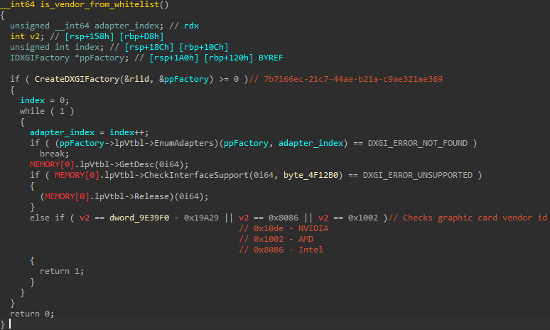 The anti-VM function checks the graphics vendor ID 