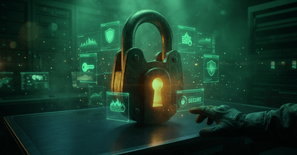 A large padlock on a table surrounded by digital security icons, with a gloved hand reaching toward a glowing “secure” symbol.