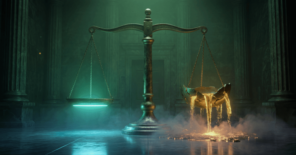 A large, ornate balance scale stands in a dim chamber; the left pan glows with green light, while the right pan is broken and melting with golden liquid pouring out.